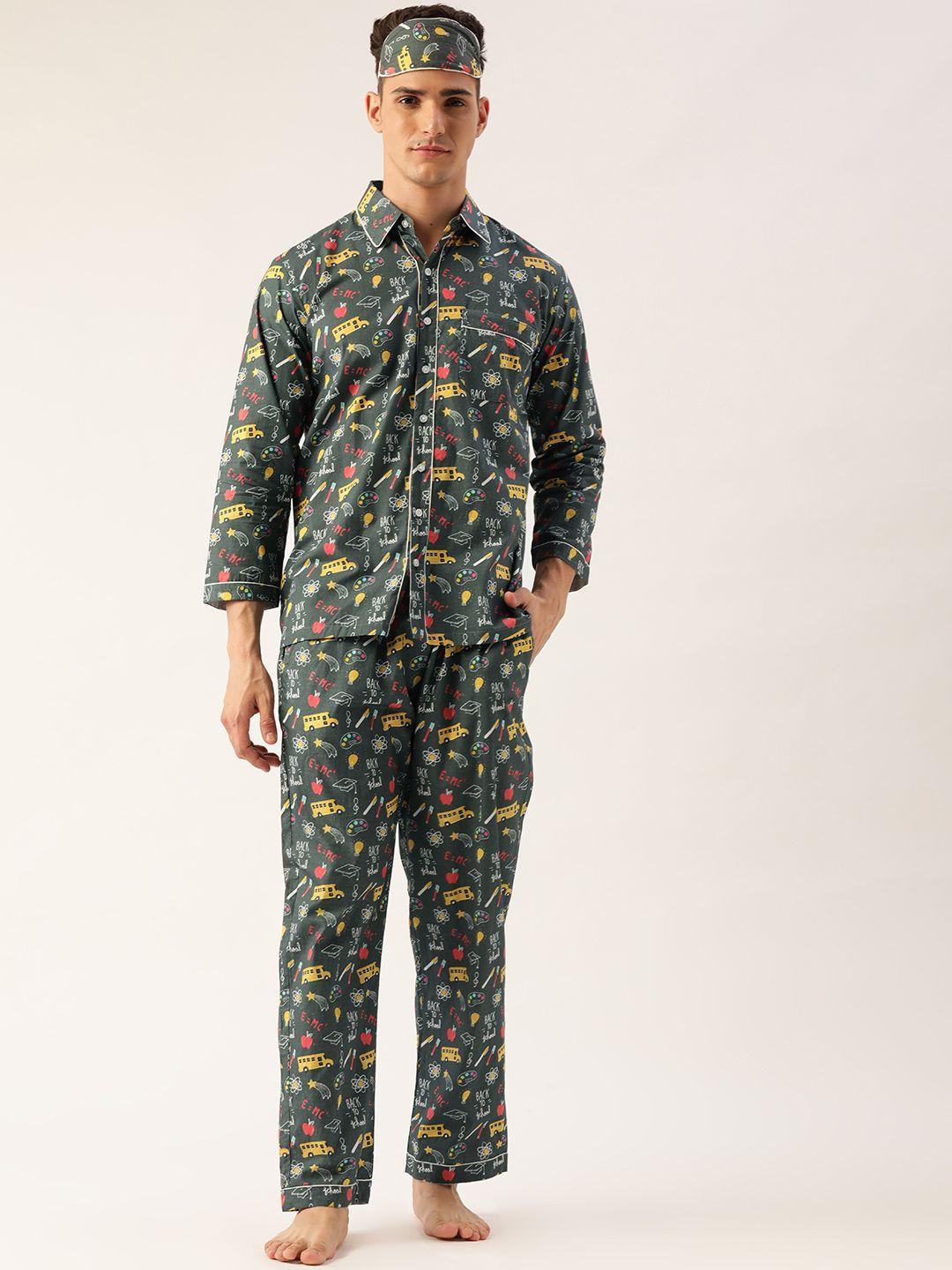 rapra the label men green & multicoloured printed night suit with eye cover