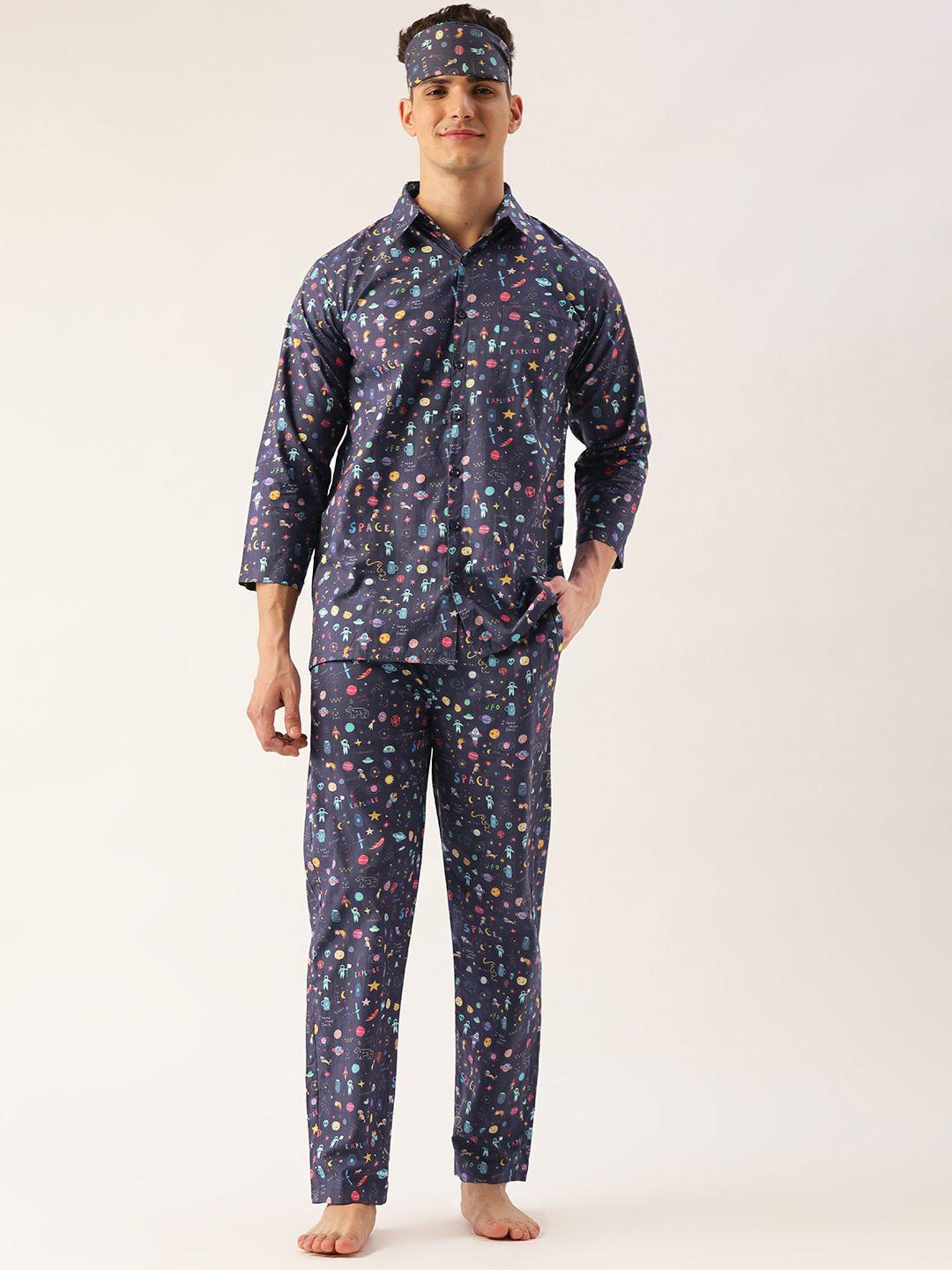 rapra the label men navy blue & multicoloured printed night suit with eye cover