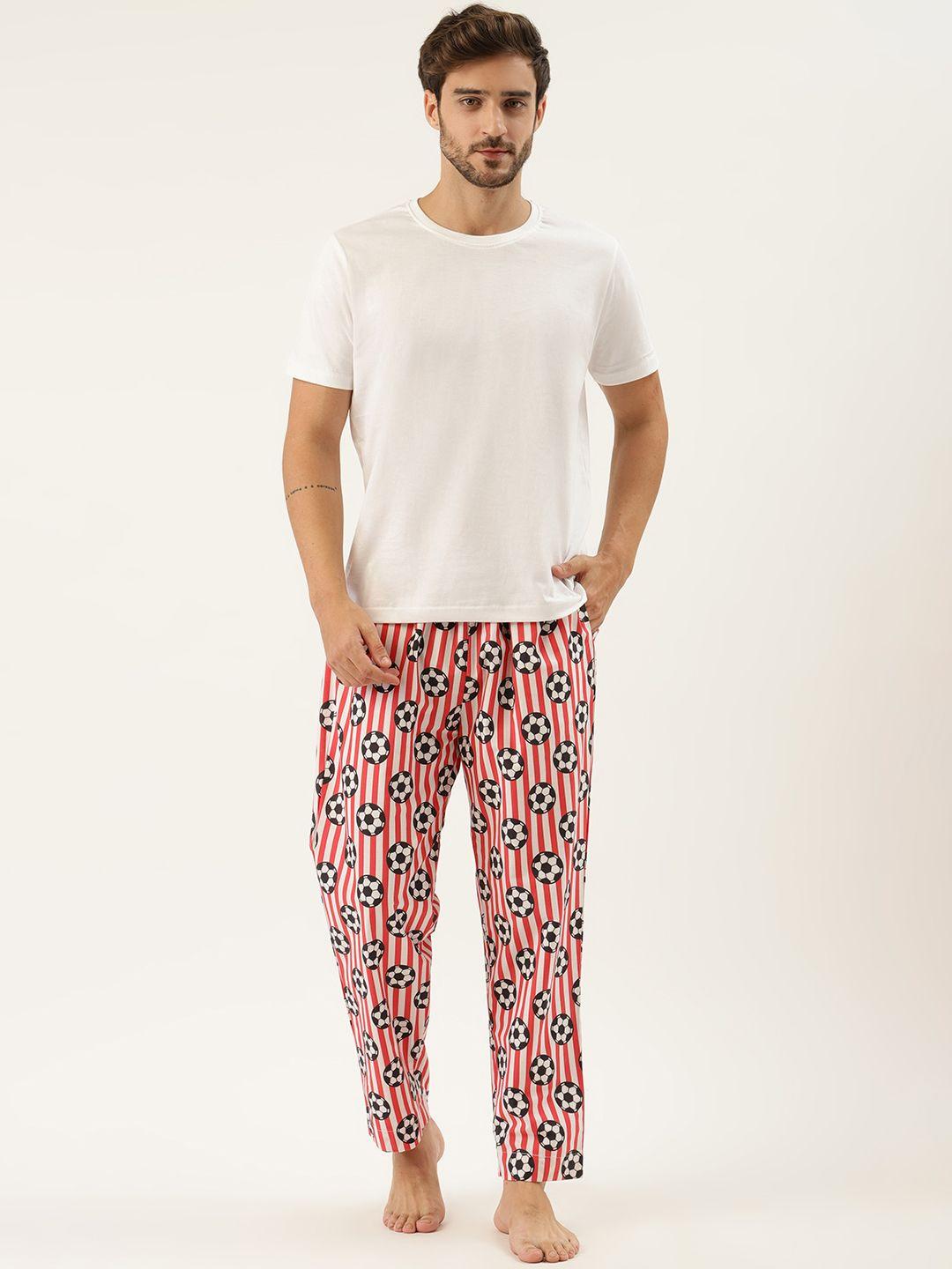 rapra the label men white & red pure cotton printed night suit