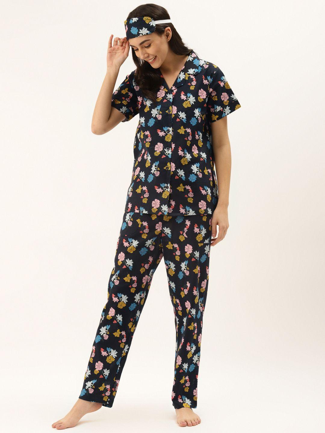 rapra the label women black & blue floral printed pure cotton night suit with eye mask