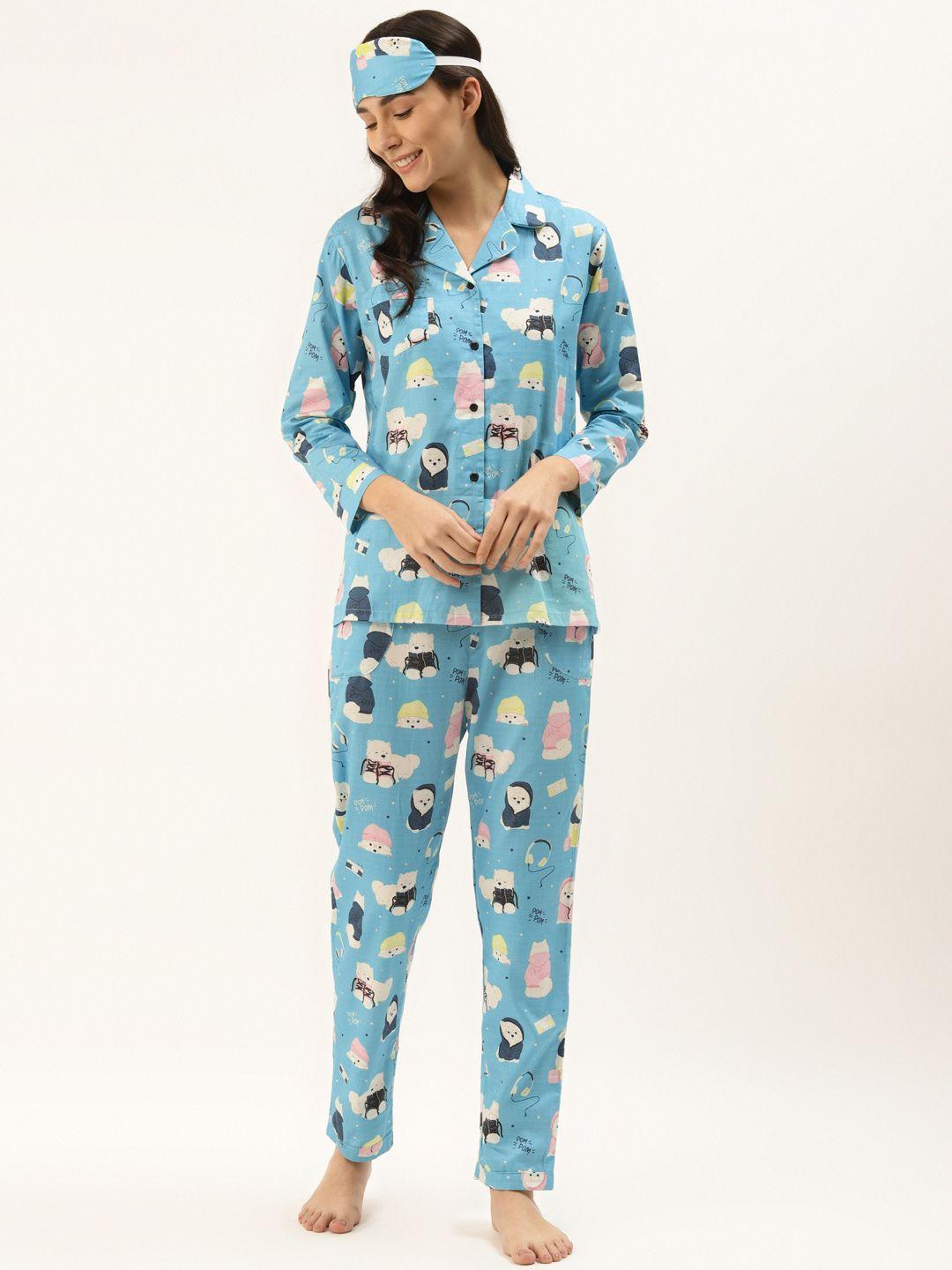 rapra the label women blue & white pure cotton dog print night suit with eye mask