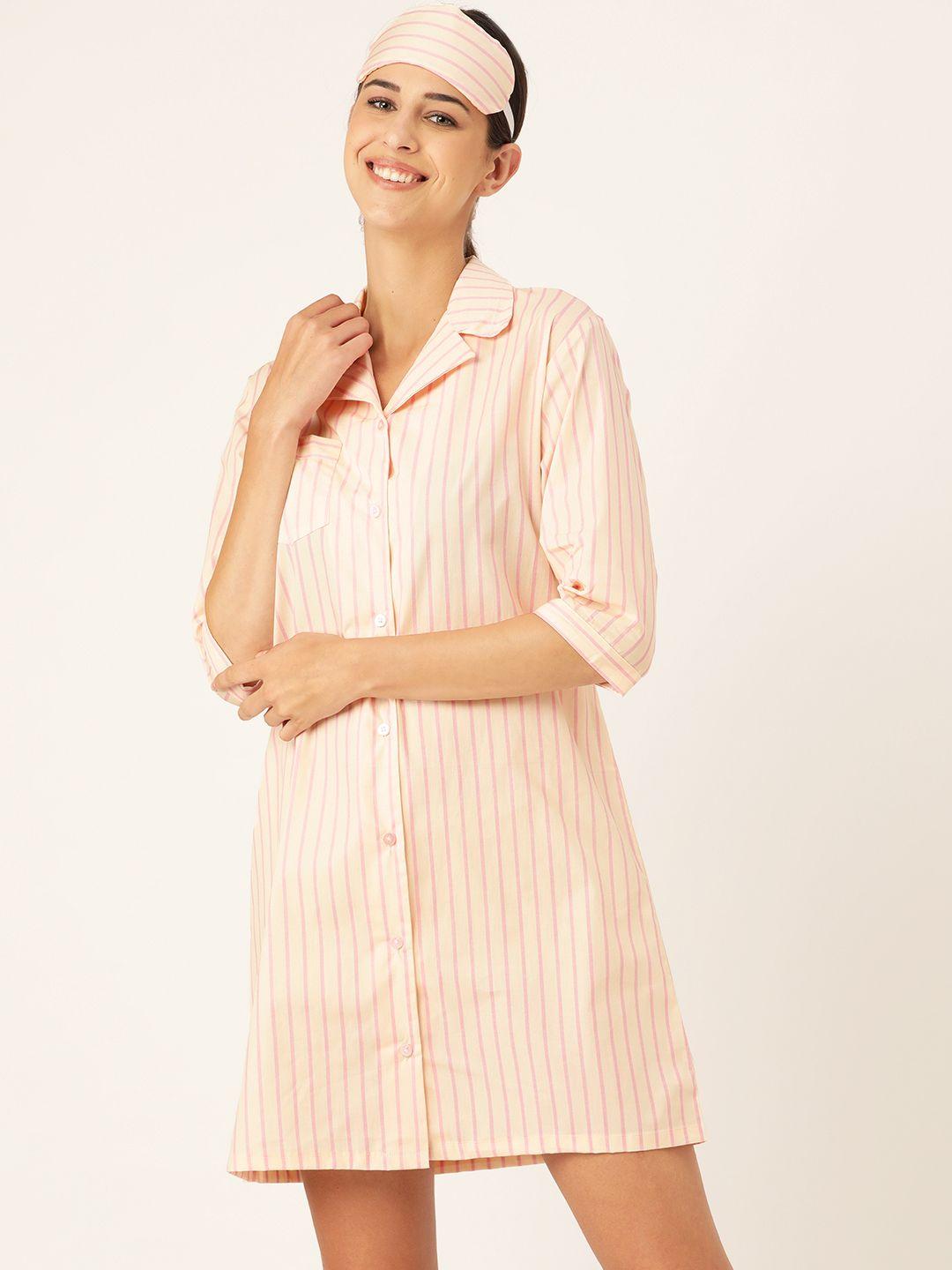 rapra the label women cream- coloured & pink pure cotton striped sleep shirt