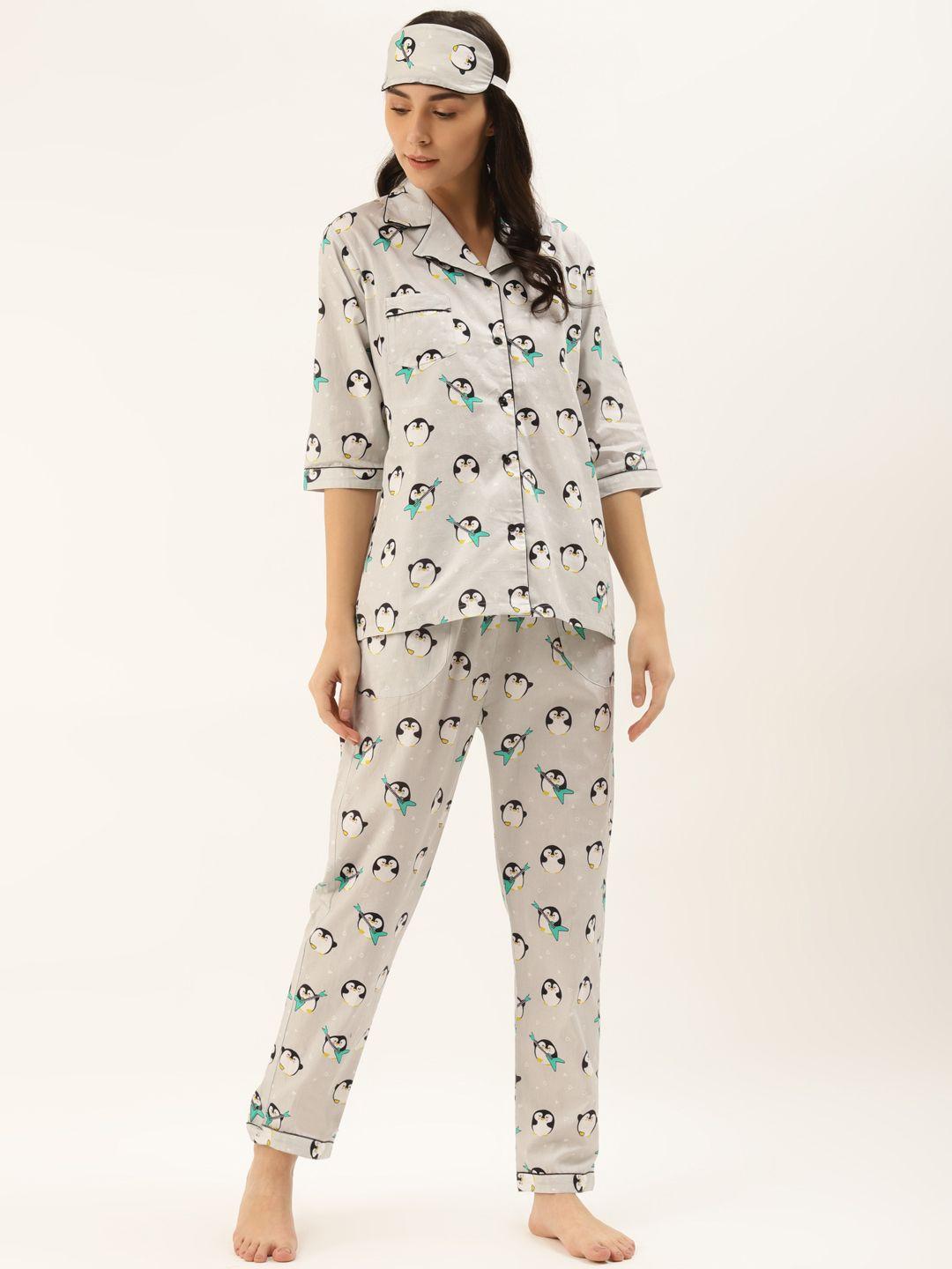 rapra the label women grey & black penguin printed pure cotton night suit with eye mask
