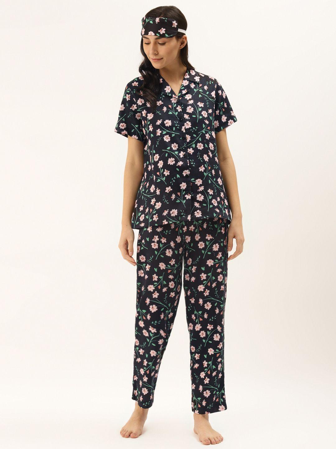 rapra the label women navy blue & pink pure cotton floral print night suit with eye mask