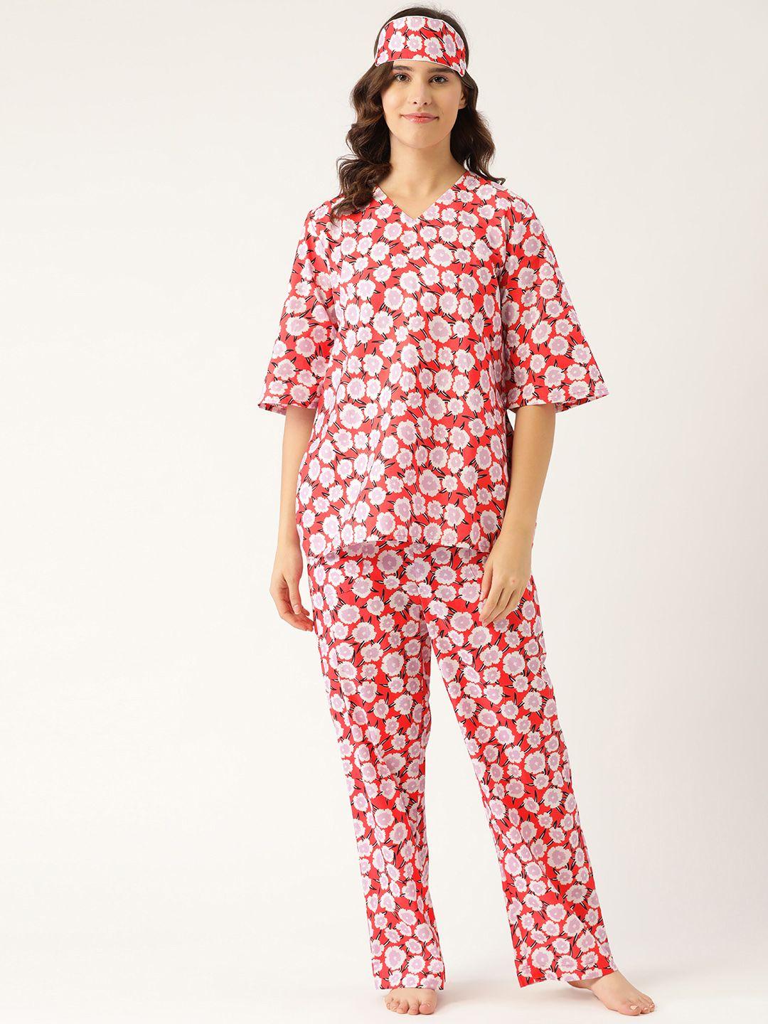 rapra the label women red & white cotton floral printed night suit with an eye mask