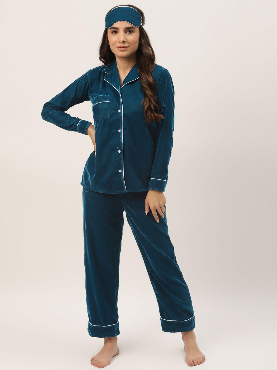 rapra the label women teal blue solid velvet pyjama set