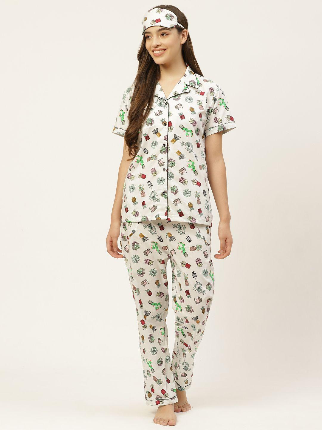 rapra the label women white & black cotton quirky print night suit with an eye mask