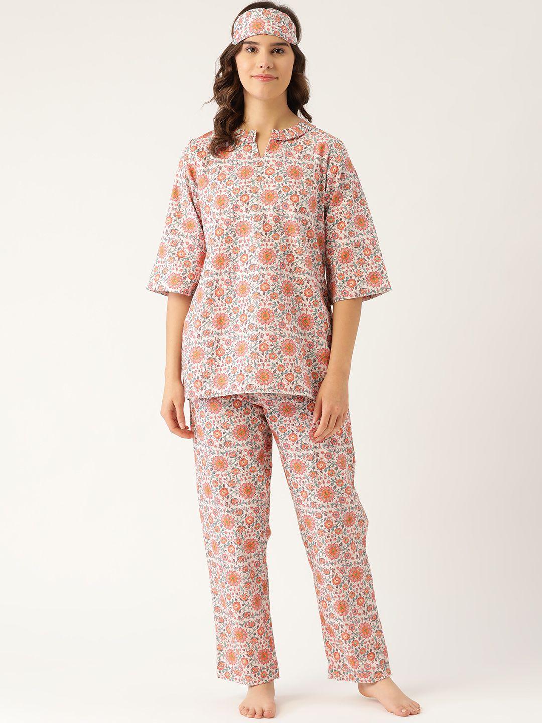 rapra the label women white & pink cotton floral printed night suit with an eye mask