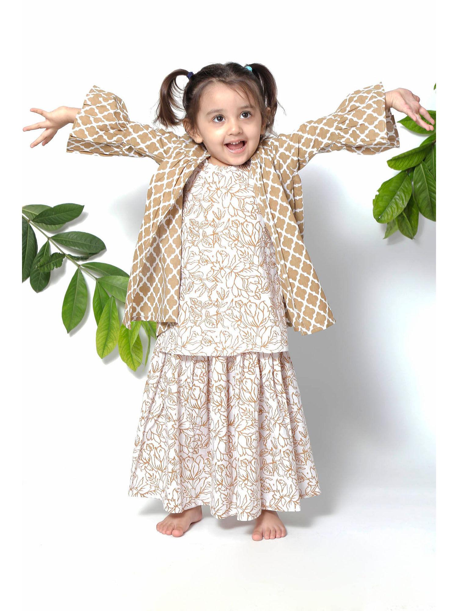 rapunzel brown floral cape jacket with cotton slip kurta and jacket (set of 3)