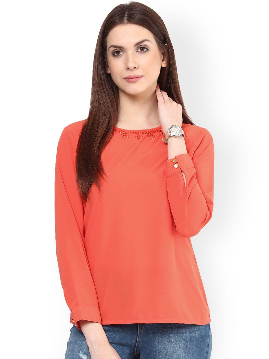 rare coral orange georgette top with embellished detail