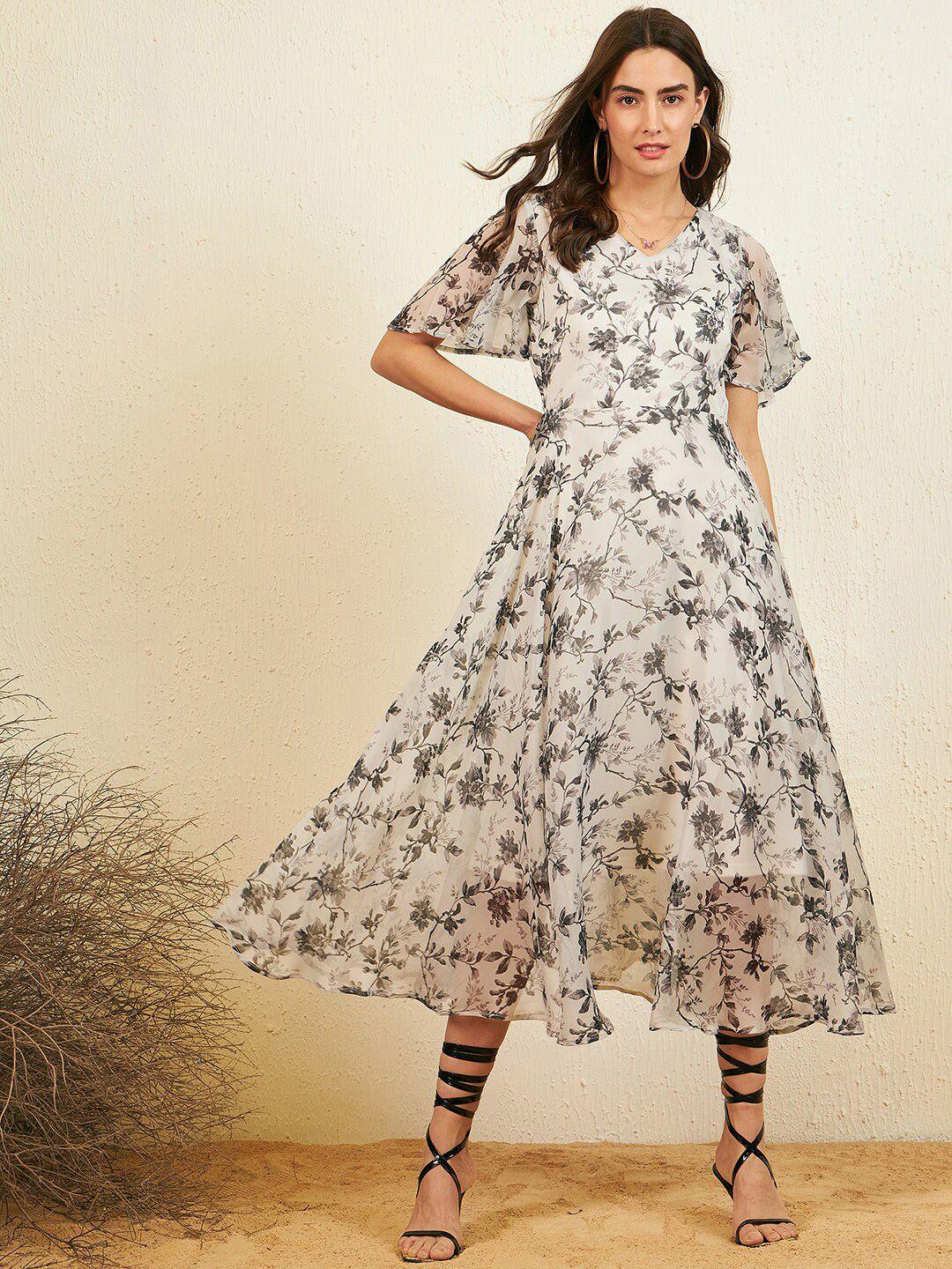 rare floral printed flared sleeve fit & flare midi dress