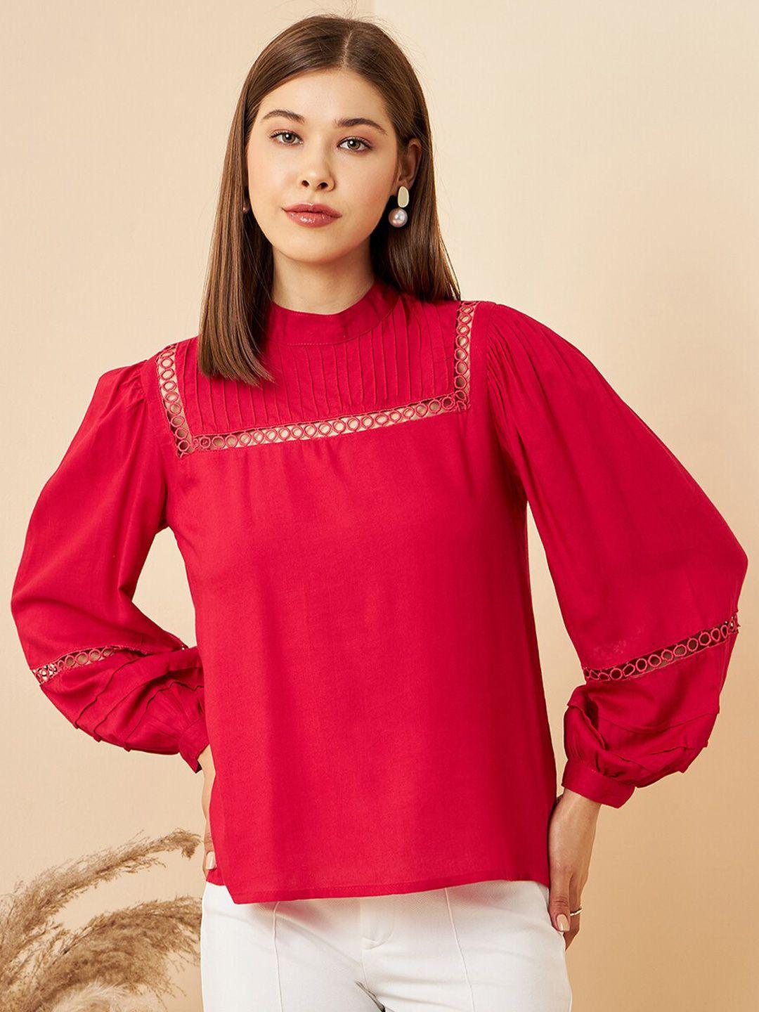 rare fuchsia cuffed sleeves high neck top with pin tacks details