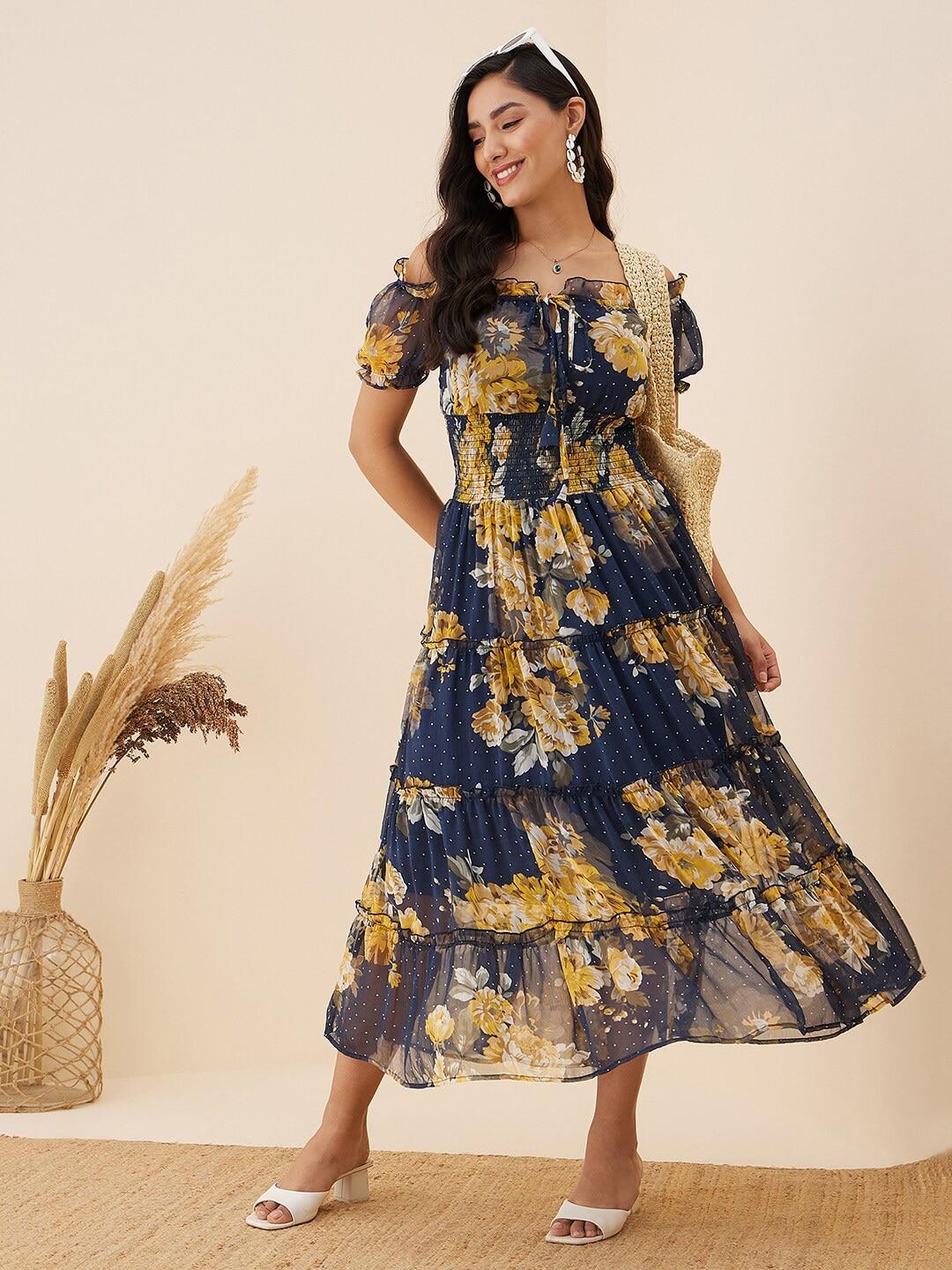 rare navy blue floral printed off-shoulder midi a-line dress