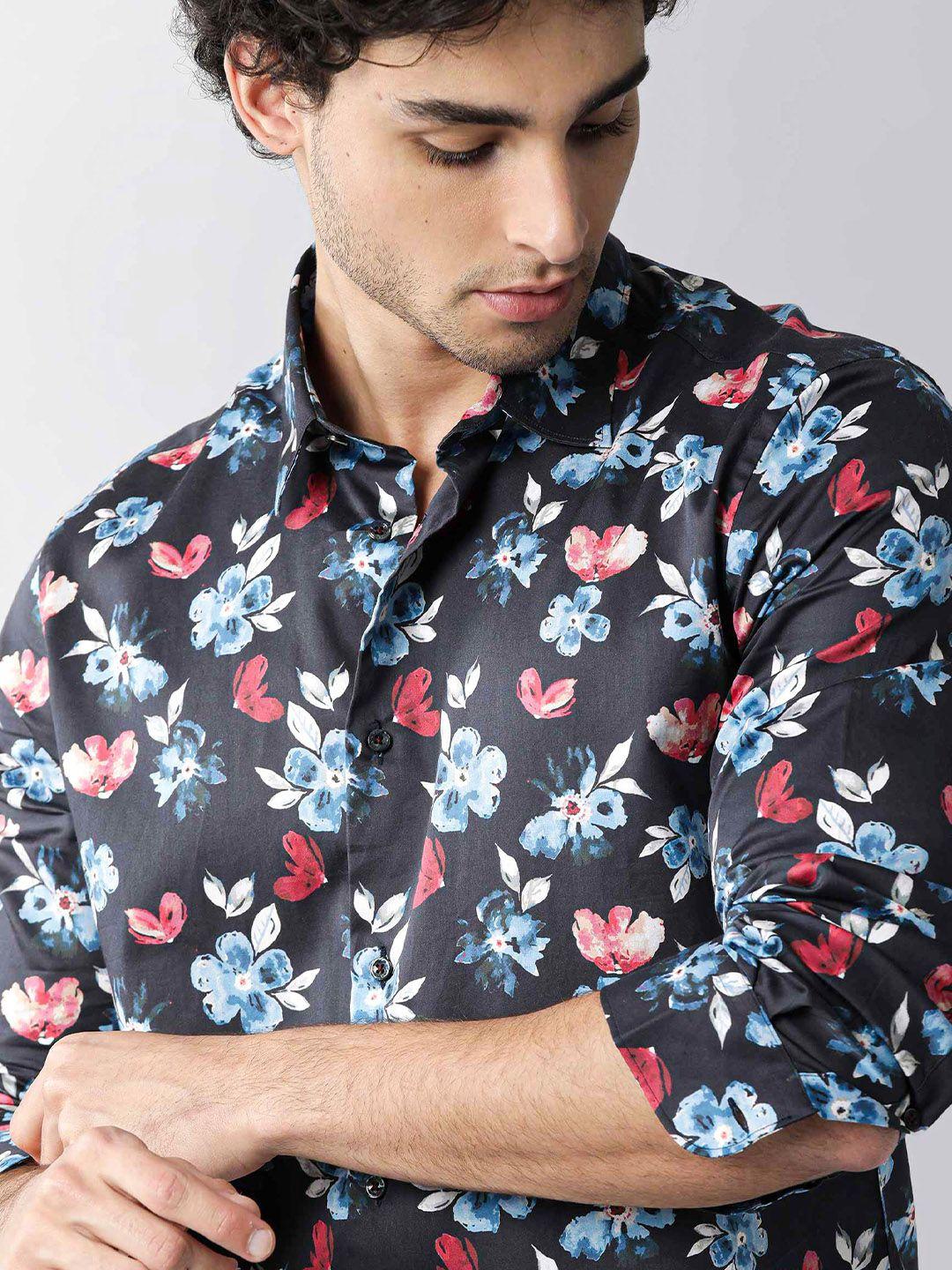 rare rabbit men black & blue slim fit floral printed cotton party shirt