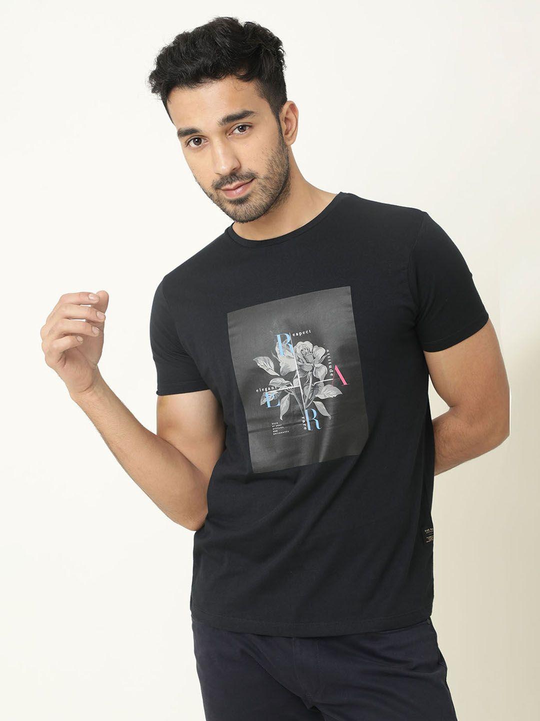 rare rabbit men black printed pure cotton slim fit t-shirt