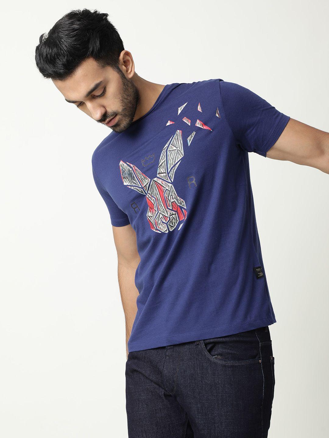 rare rabbit men navy blue printed pure cotton slim fit t-shirt