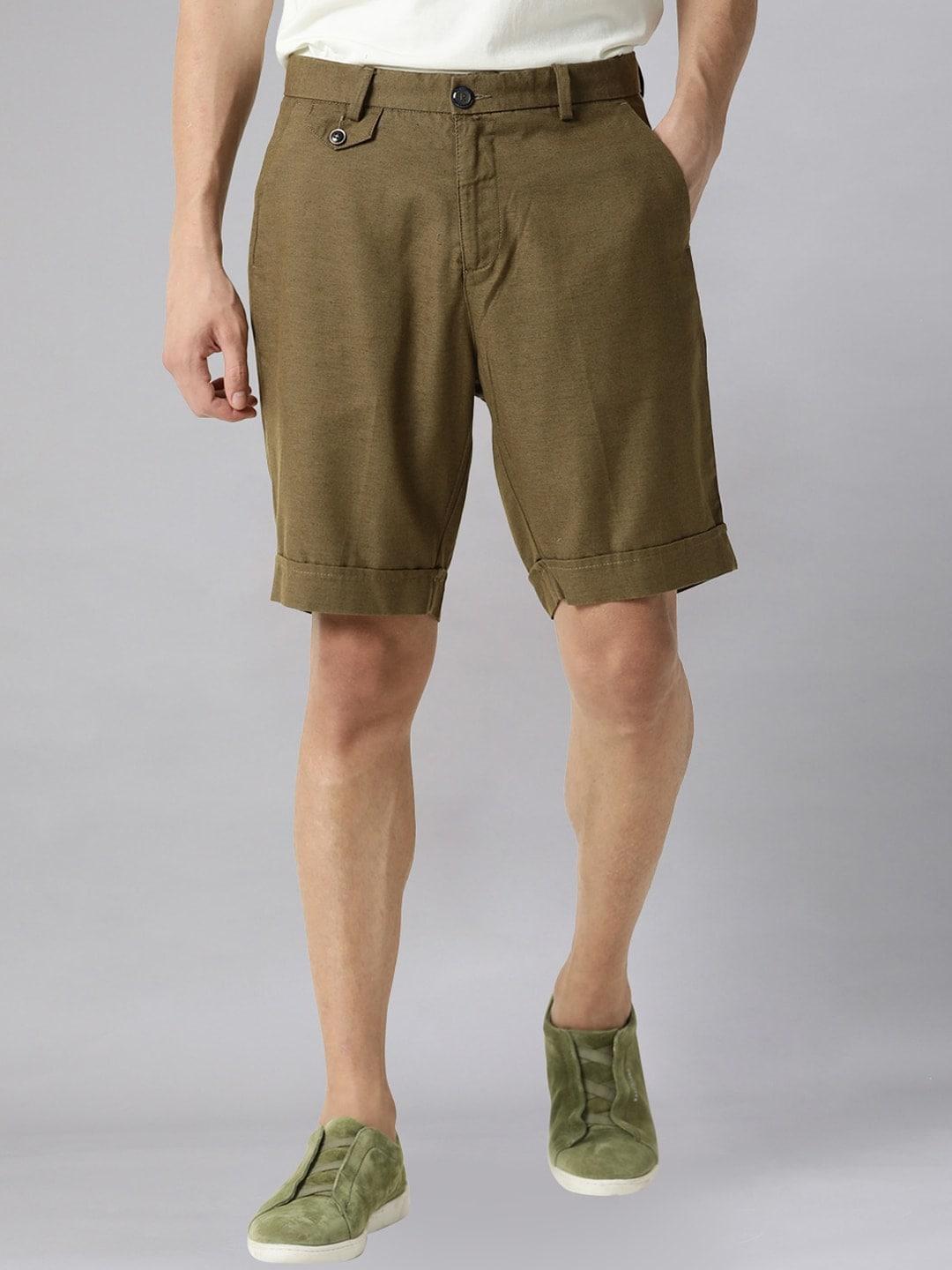 rare rabbit men olive green slim fit tencel shorts