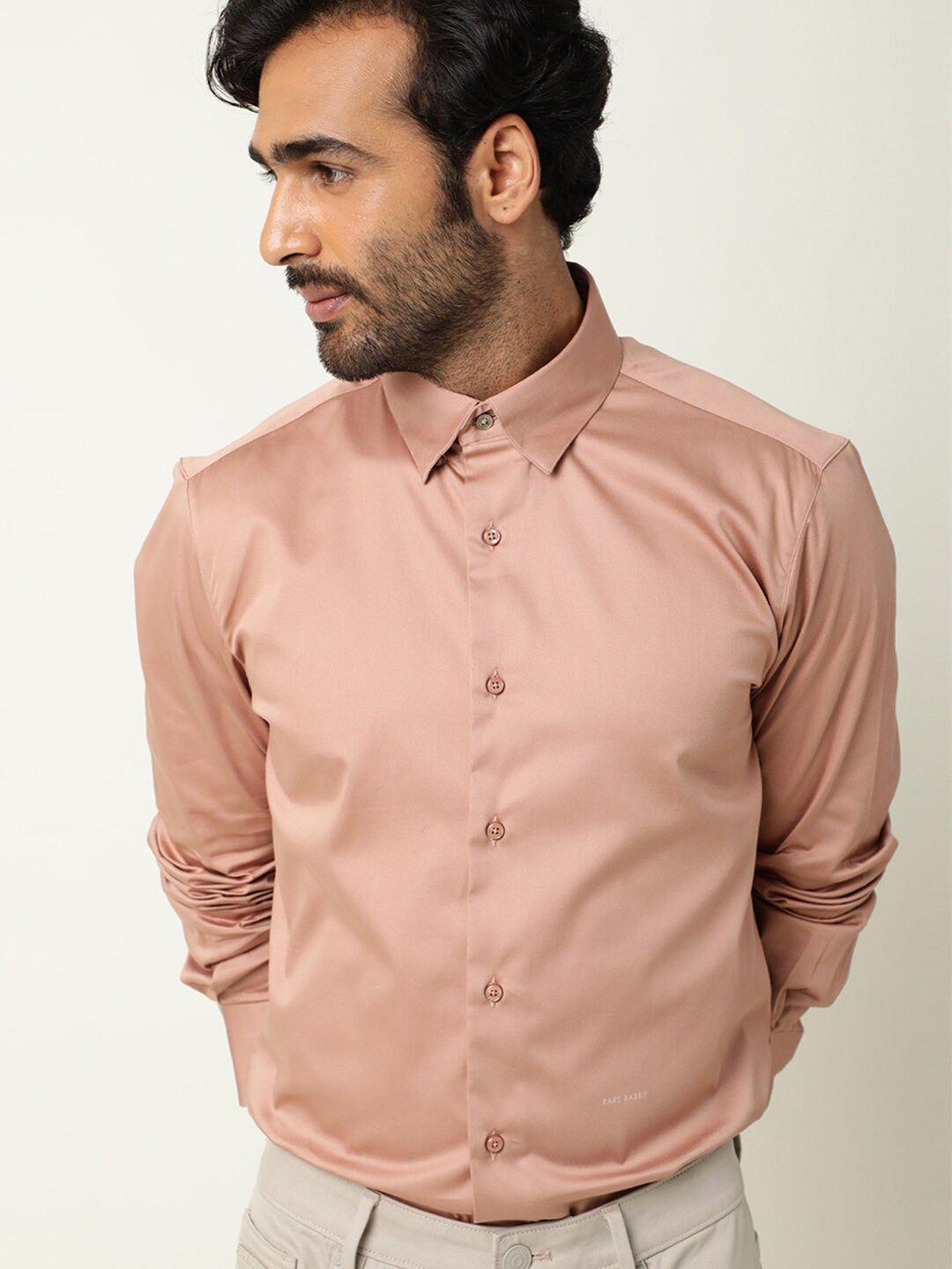 rare rabbit men peach-coloured slim fit casual shirt
