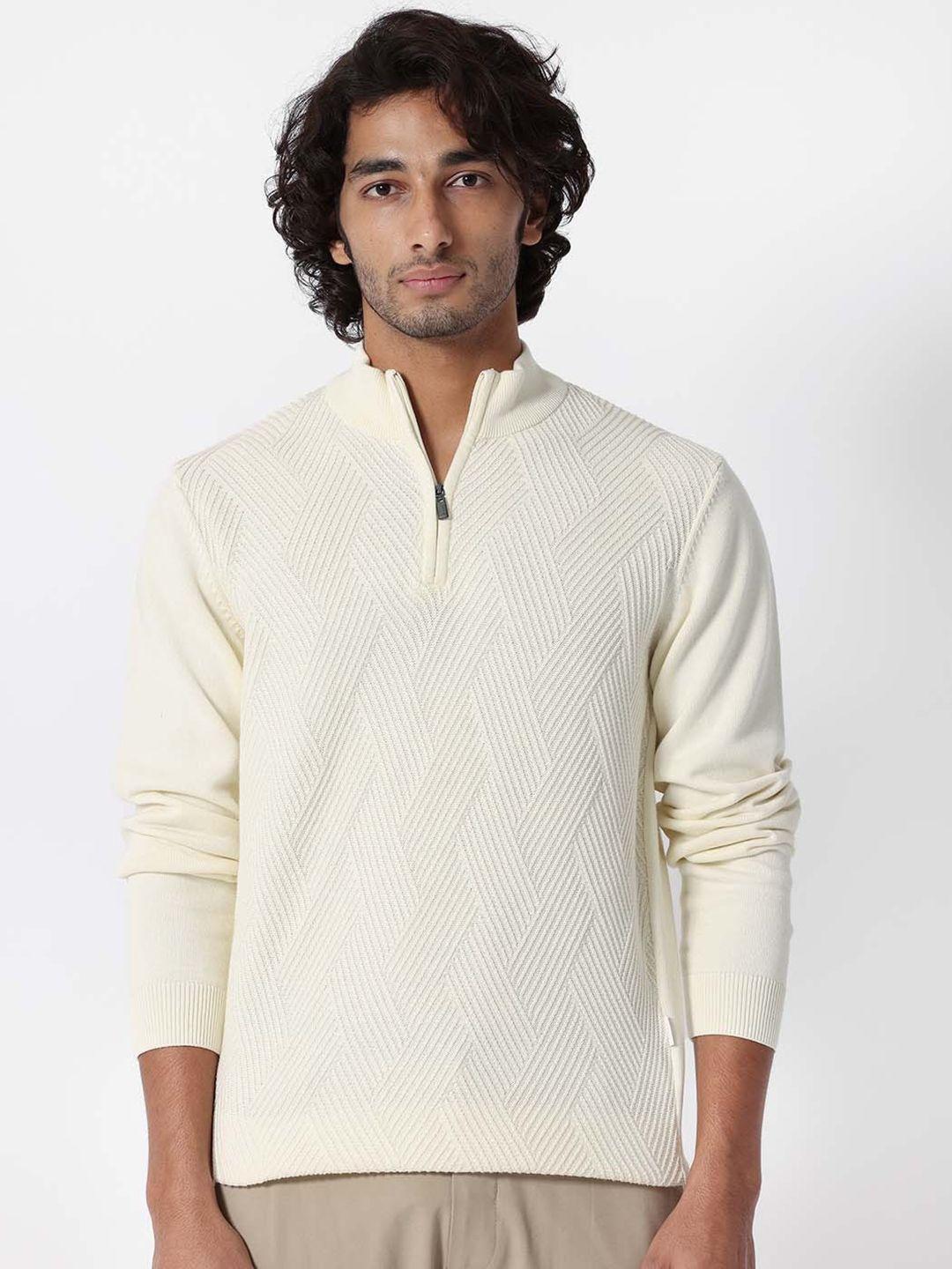 rare rabbit self design mock collar cotton pullover sweaters