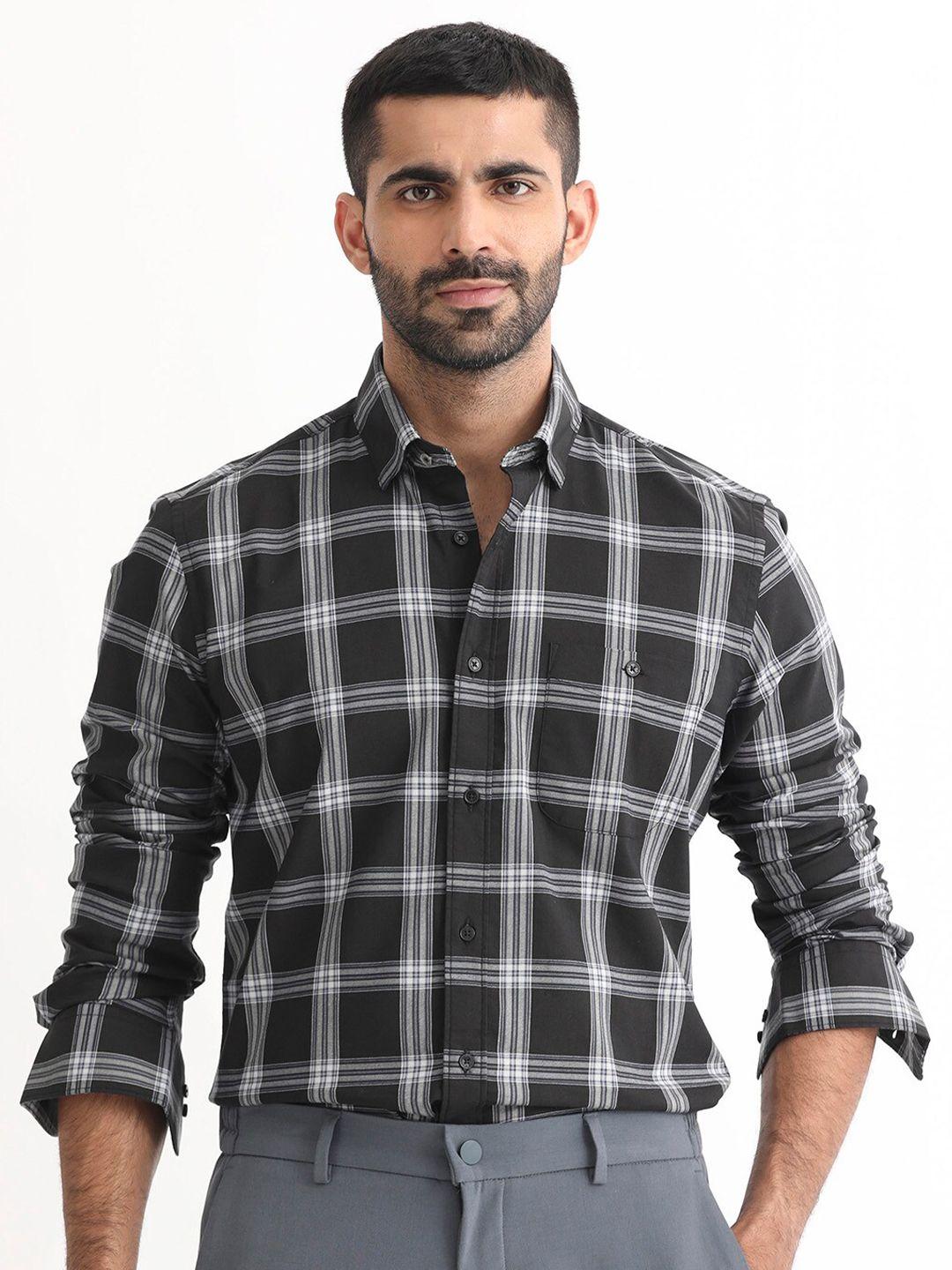 rare rabbit slim fit checked spread collar long sleeves cotton casual shirt