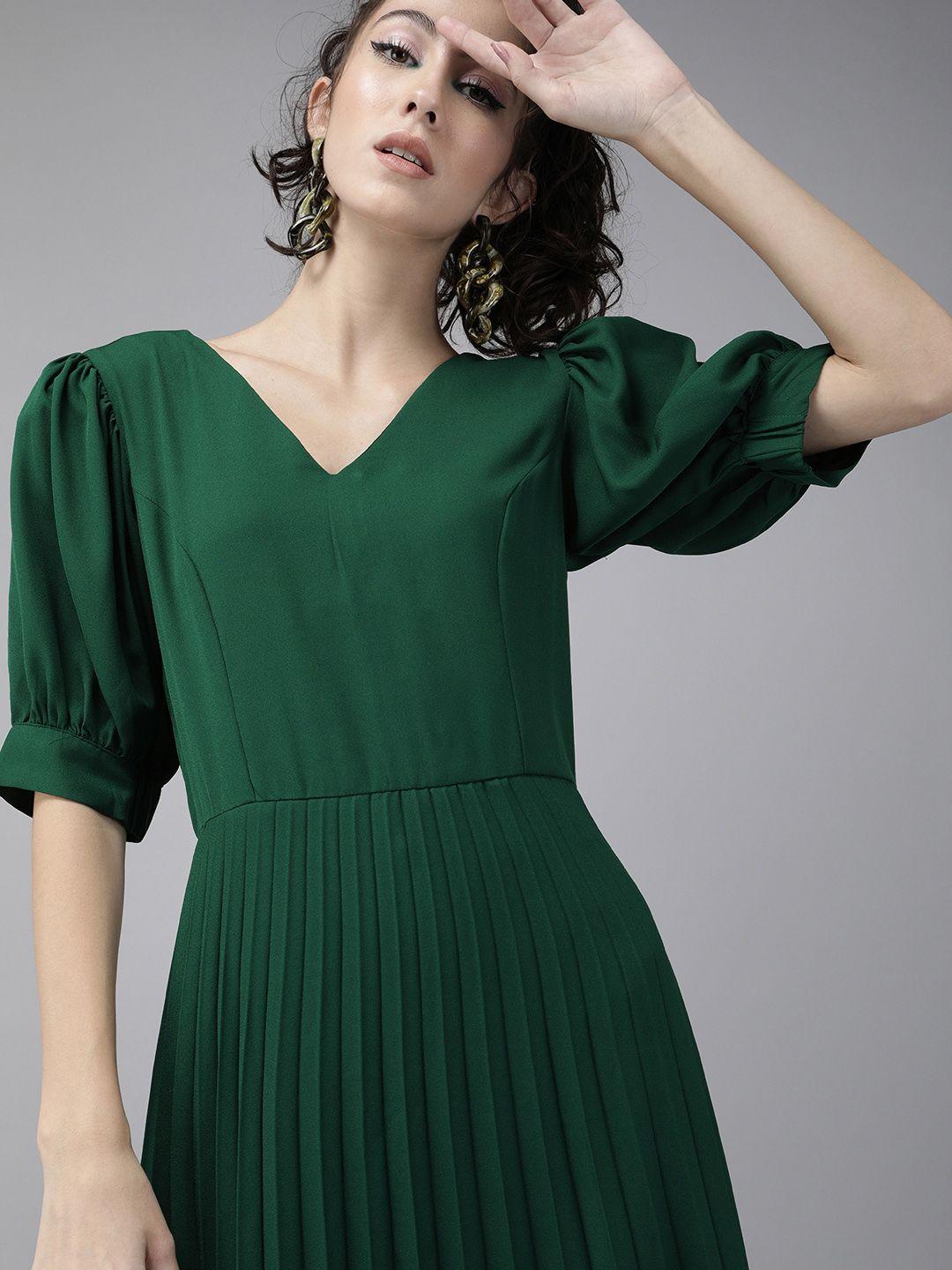 rare women green solid  accordion pleated fit and flare dress