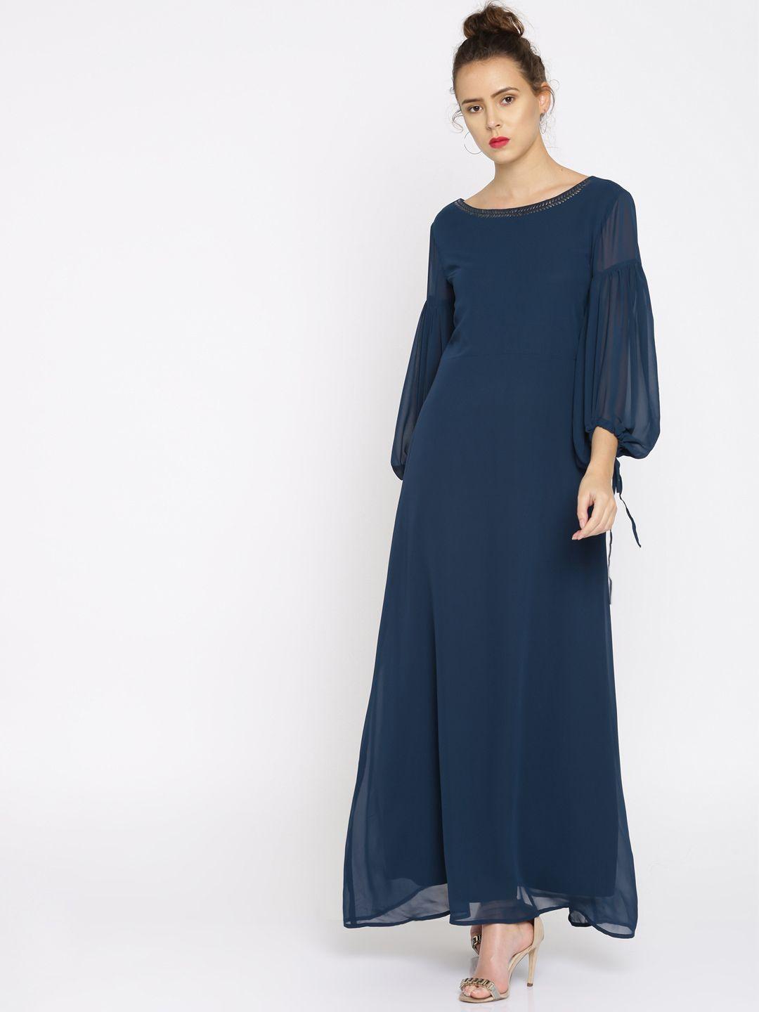 rare women navy solid maxi dress with embellished neck