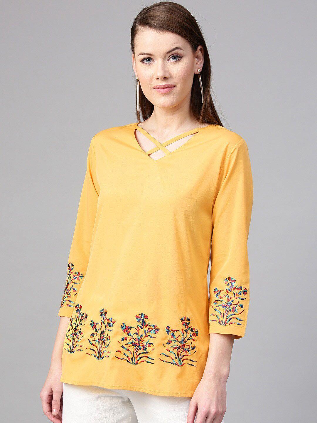 rare yellow floral embroidered v-neck top