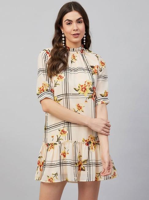 rare beige floral print a line dress