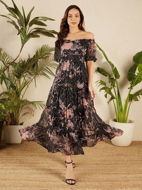 rare black & pink floral print maxi dress