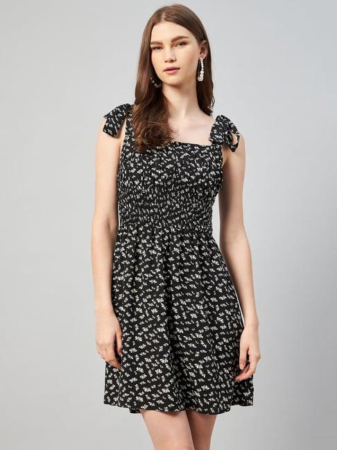 rare black floral print a line dress