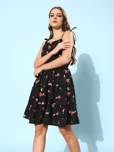 rare black floral print a line dress