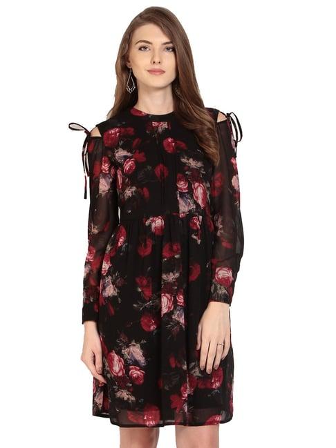 rare black floral print a-line dress