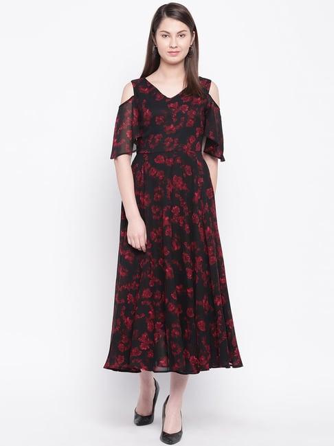 rare black floral print a-line dress