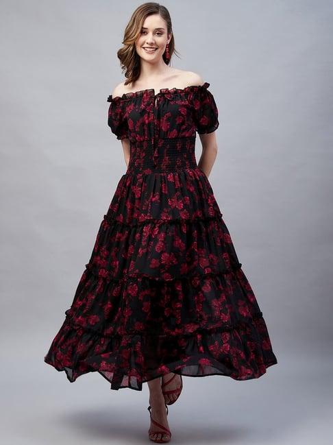 rare black floral print fit & flare dress