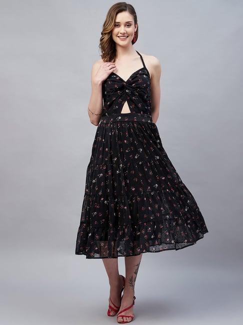 rare black floral print fit & flare dress