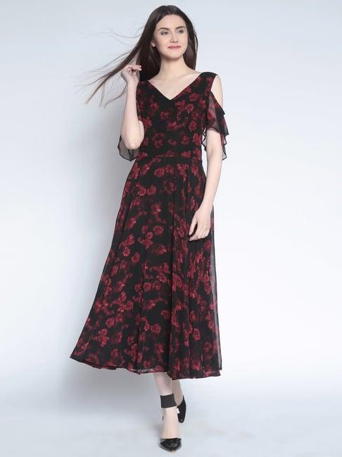 rare black floral print midi dress