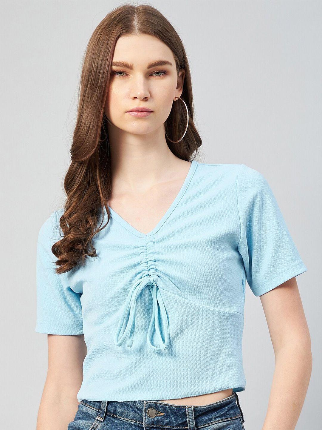 rare blue gathered tie up crop top