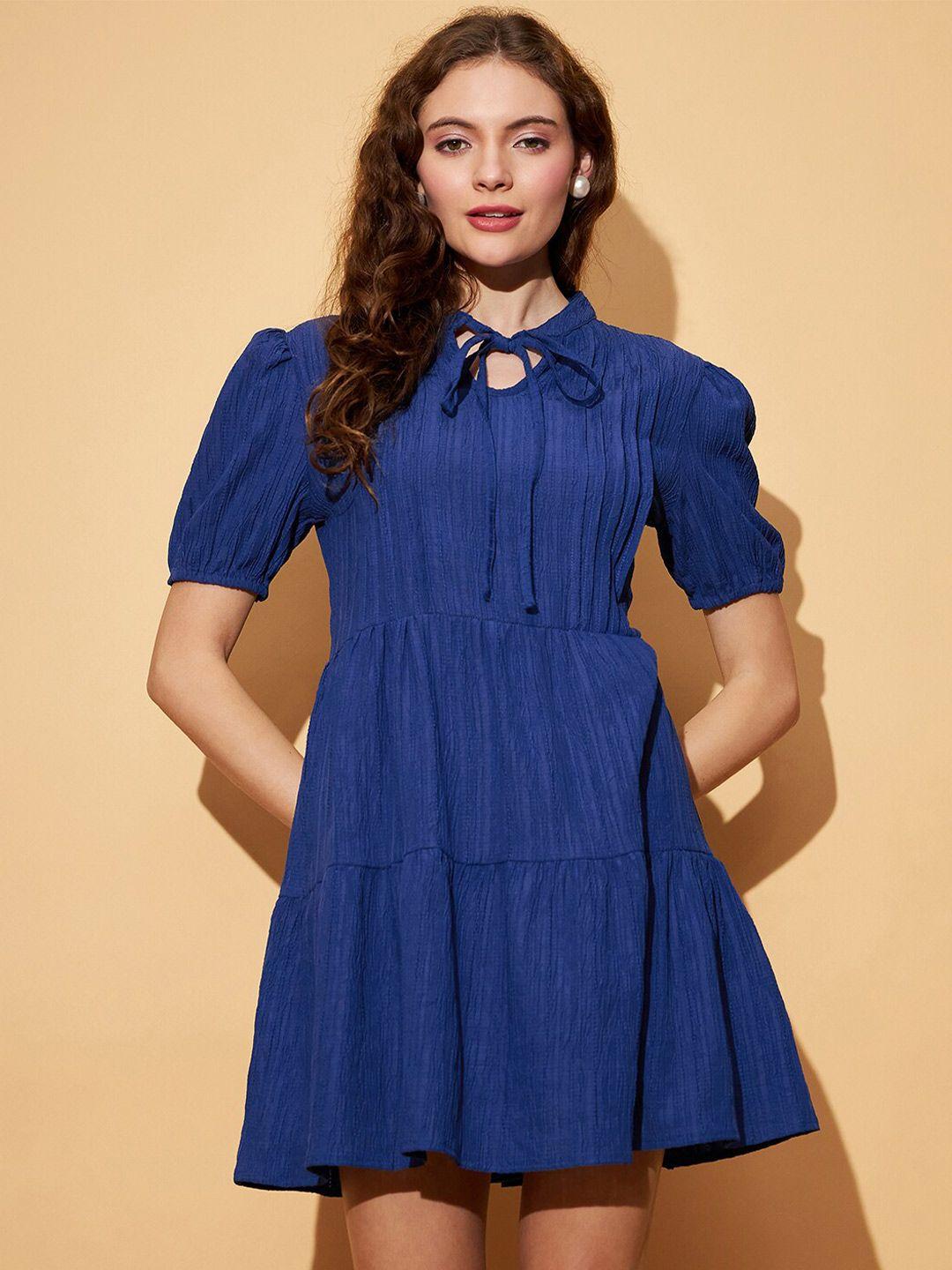 rare blue keyhole neck puff sleeve fit & flare mini dress