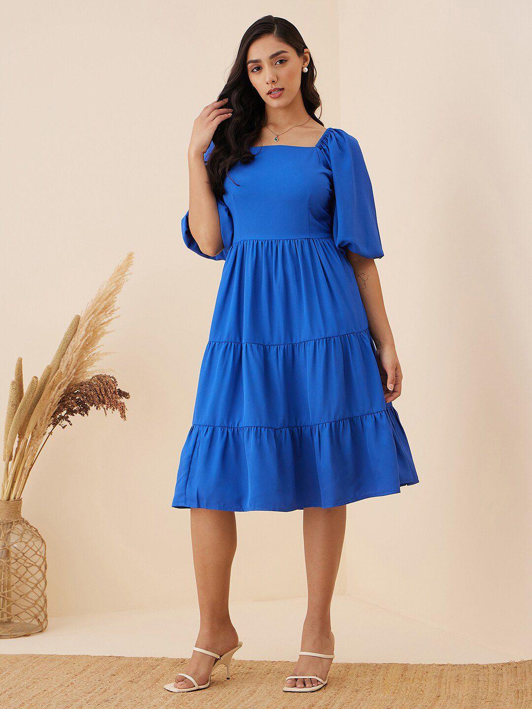 rare blue square neck flared sleeve fit & flare dress