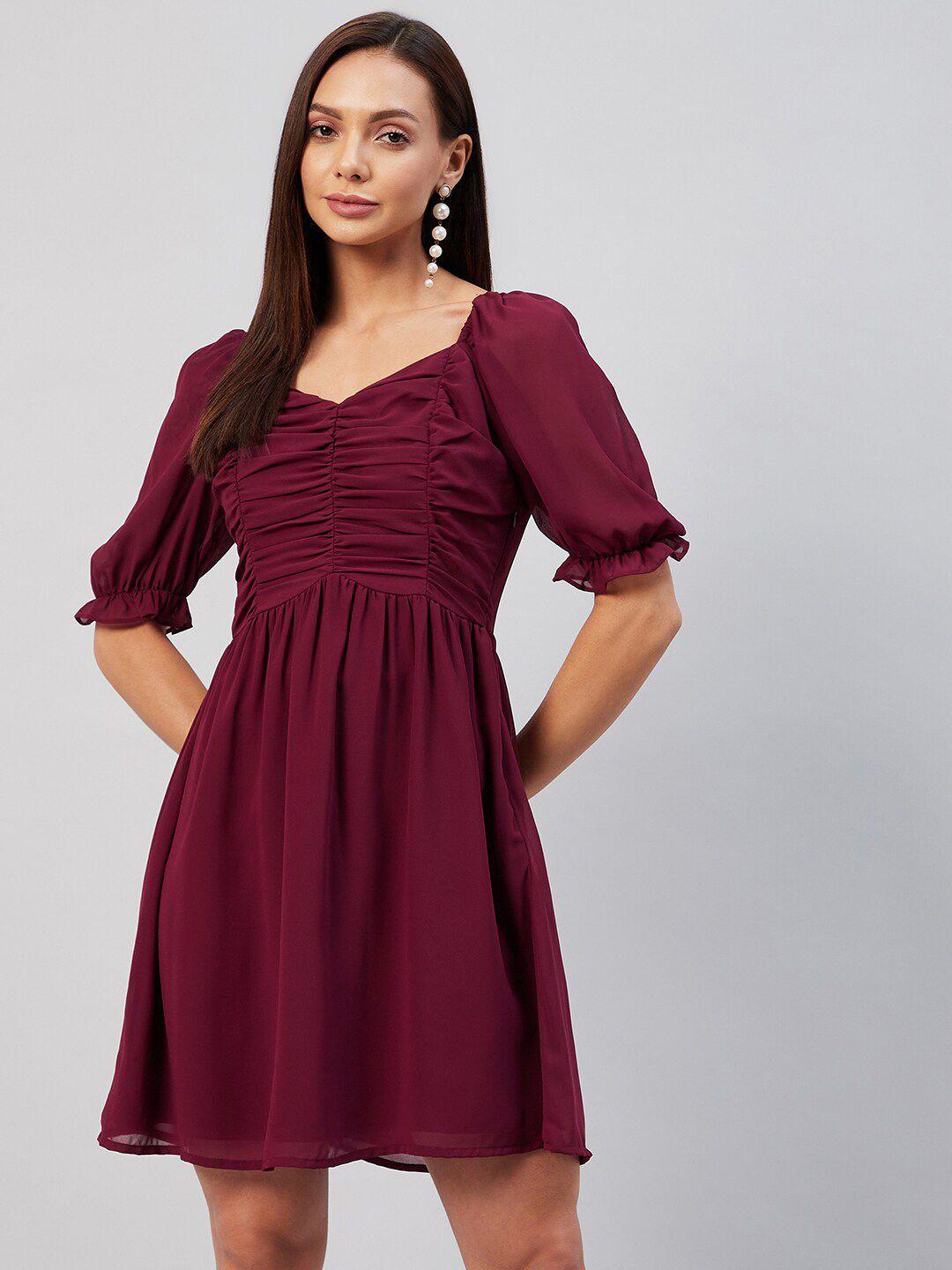 rare burgundy ruched fit & flare dress