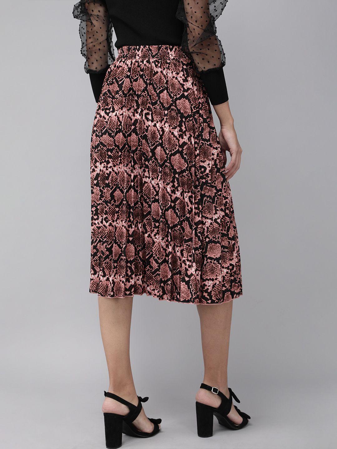 rare daring black and pink animal printed accordion pleated a-line midi skirt