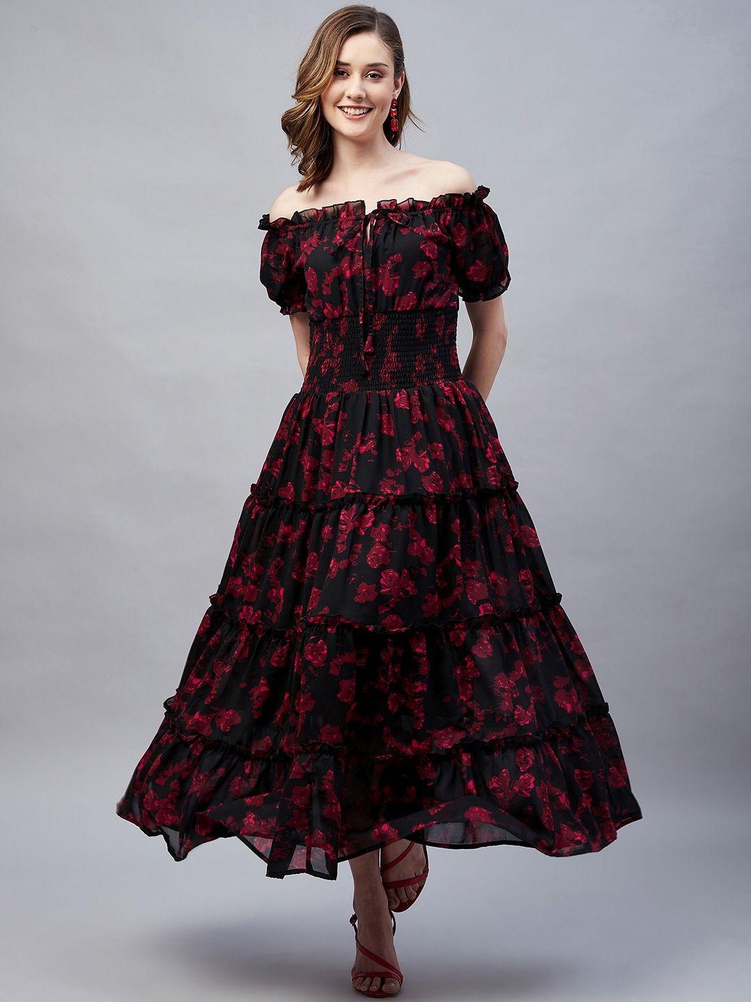 rare floral printed off-shoulder tiered smocked maxi dress