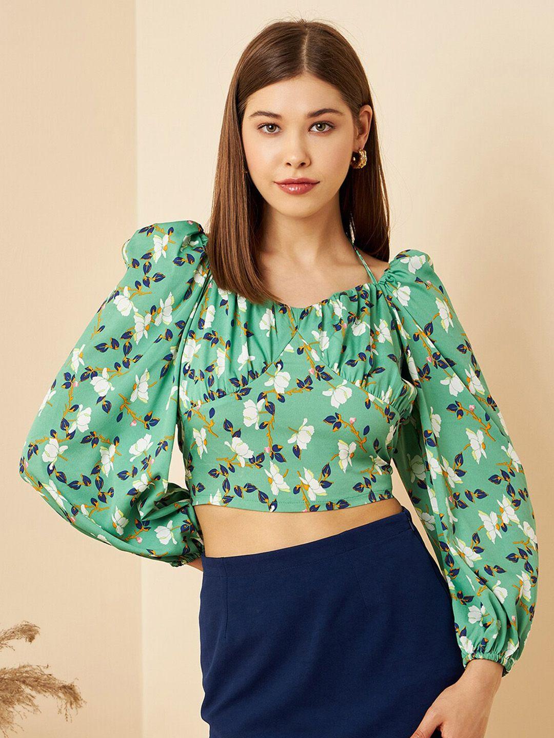 rare green & white floral printed puff sleeve tie-up neck crop top