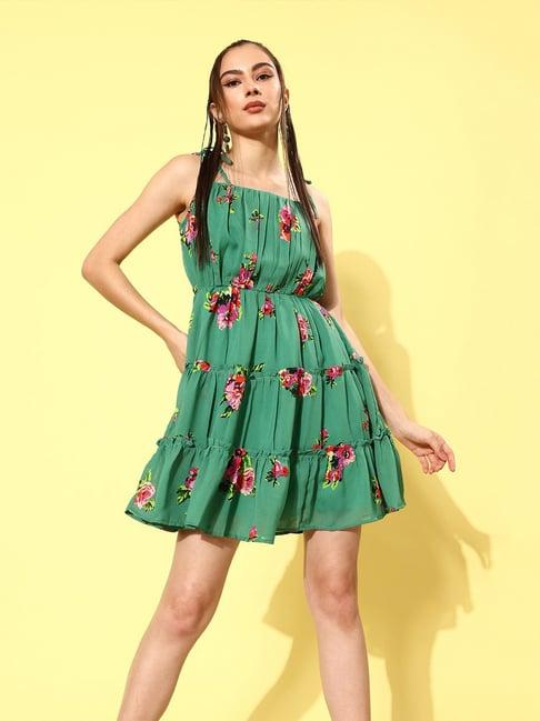 rare green floral print a line dress