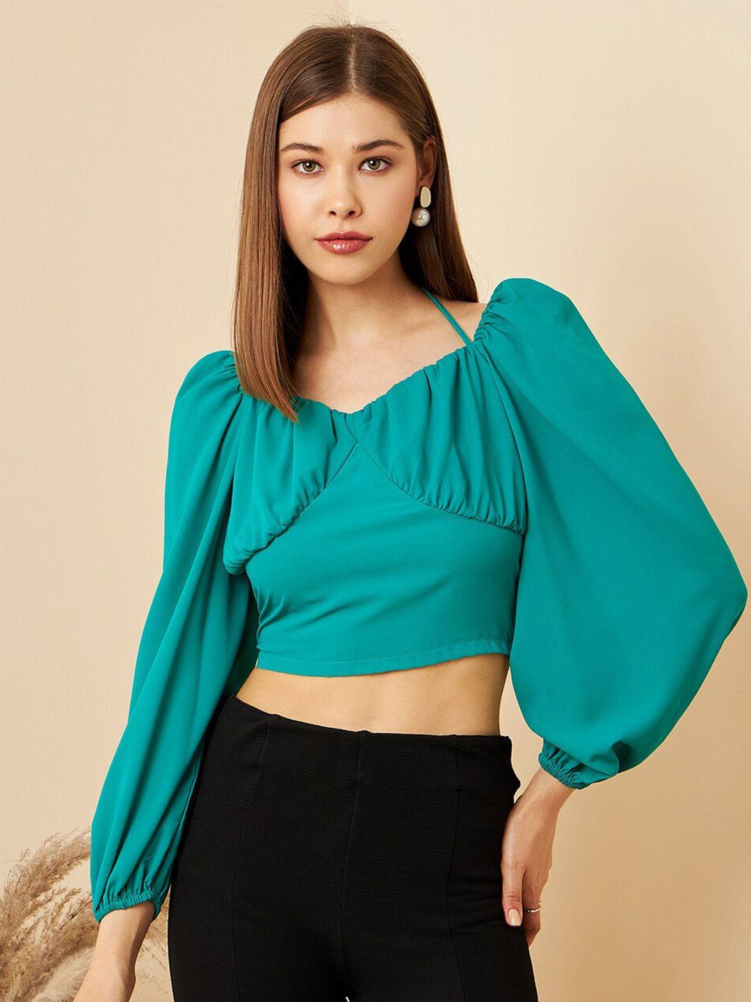 rare green gathered puff sleeve tie-up neck crop top