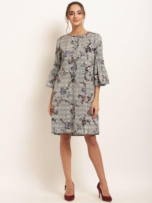 rare grey floral print a line dress