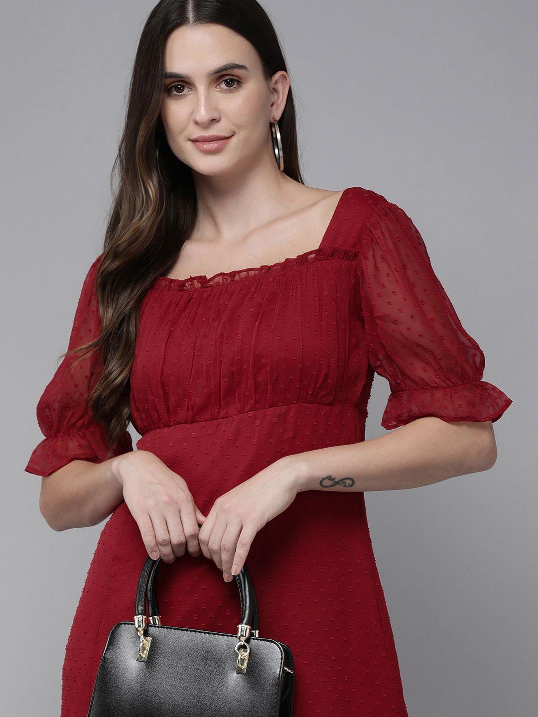 rare maroon solid chiffon a-line midi dress