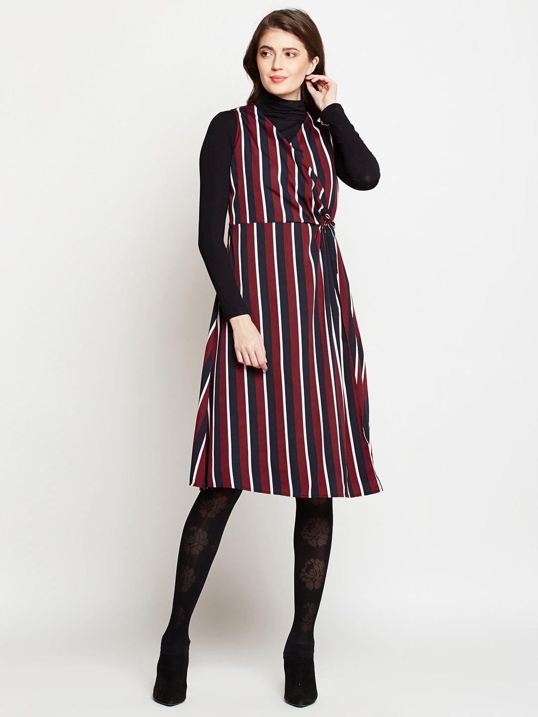 rare maroon striped v-neck wrap dress