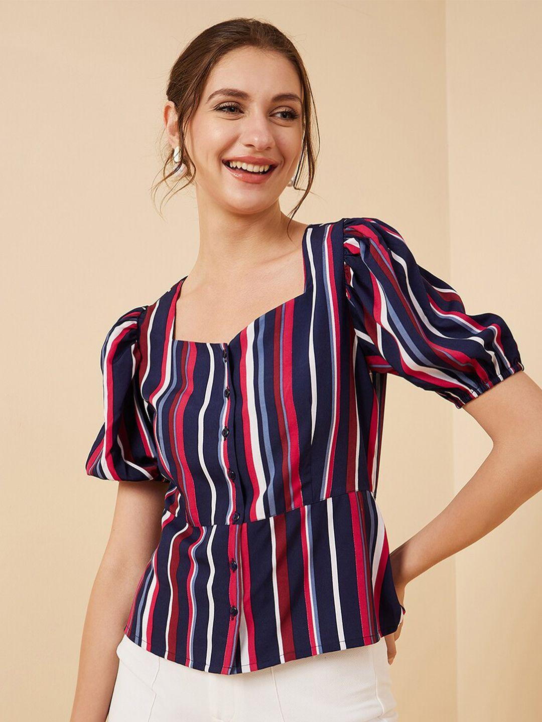 rare multicoloured striped puff sleeve crepe cinched waist top