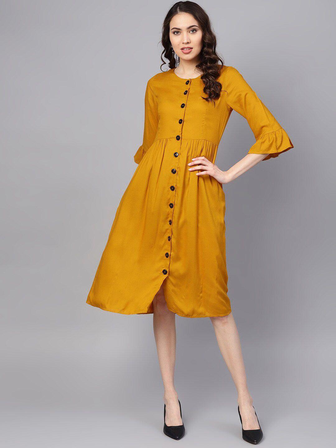 rare mustard bell sleeve a-line dress